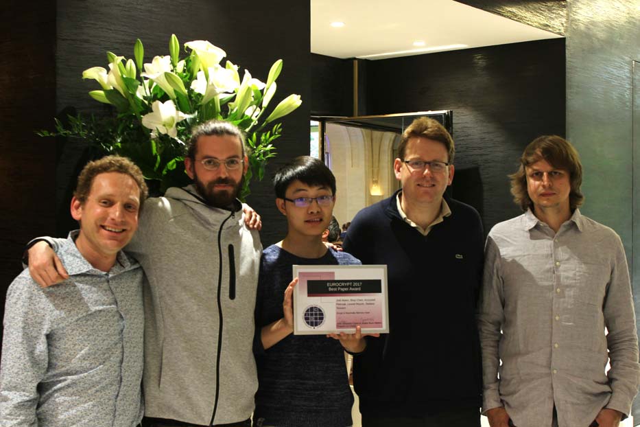 Leonid Reyzin (Boston University),  Joel Alwen (IST Austria), Binyi Chen (UC Santa Barbara ), Stefano Tessaro (UC Santa Barbara), Krzysztof Pietrzak (IST Austria). Image credit: Nigel Smart.