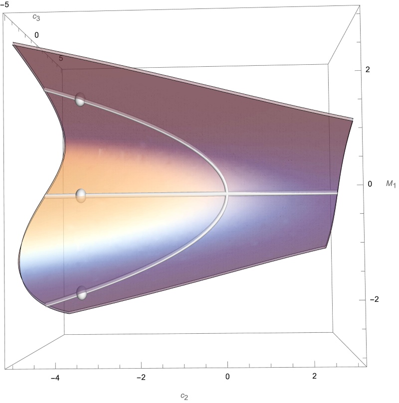 Big algebra surface and skeleton. The trident is the skeleton of the triplet big algebra’s surface, drawn with algebraic geometry techniques.