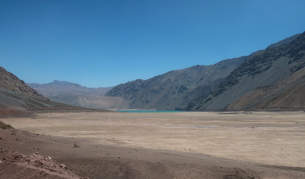 The Yeso reservoir in central Chile during a megadrought peak in Summer 2020.