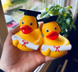 A hand holding two yellow rubber ducks wearing graduation caps and holding rolled up degrees.