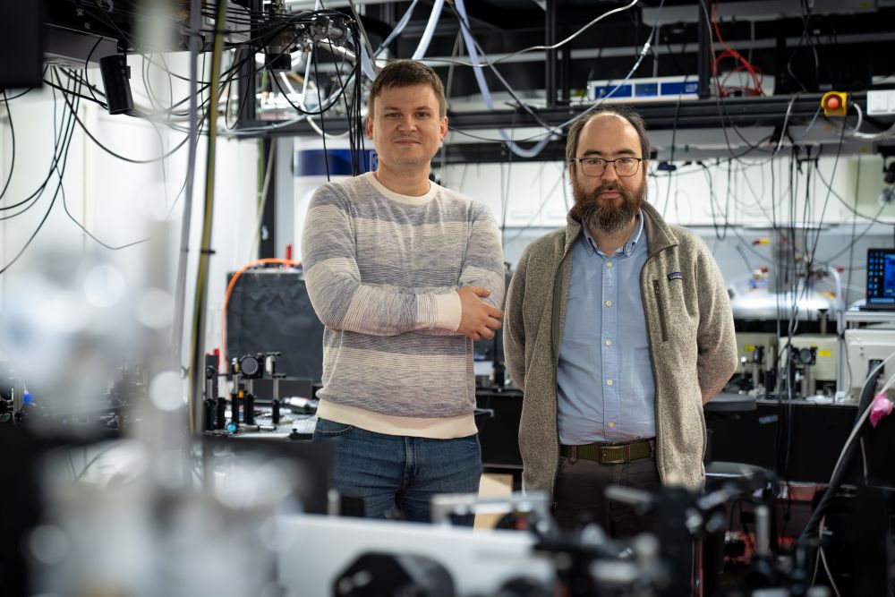 ISTA-Postdoktorand Dmytro Rak und Assistenzprofessor Zhanybek Alpichshev im Labor.