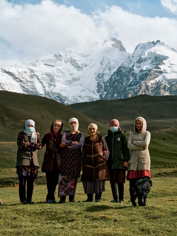 About one-third of the world’s population depends on mountain water. Local residents and the mountains whose meltwater they rely on, near the Kyzylsu Glacier, northwestern Pamir Mountains, central Tajikistan.